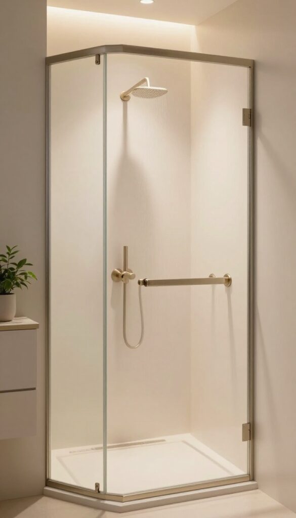 Frosted glass shower enclosure in a small bathroom with natural light and minimalist decor.