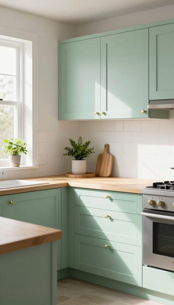 Mint green and white kitchen with brass accents and natural light