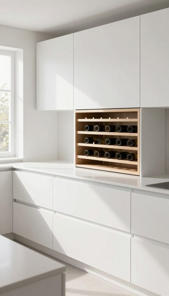 Modern kitchen island with built-in wine rack insert holding wine bottles horizontally