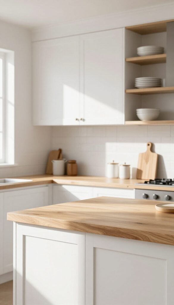 White kitchen with light oak butcher block countertops, open shelving, and natural light
