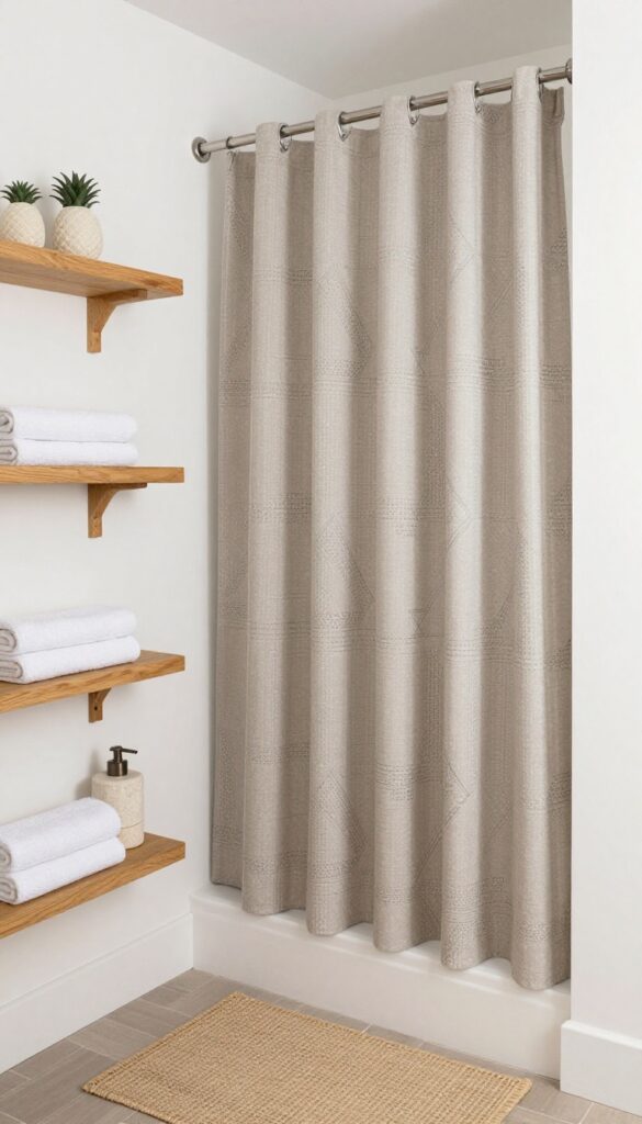 A farmhouse bathroom with a subtle geometric patterned shower curtain in neutral tones, featuring wooden shelves, a woven bath mat, and natural lighting.
