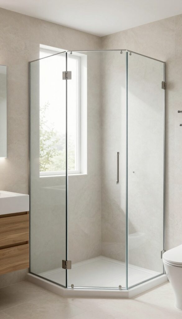 Corner frameless glass shower in a modern bathroom with natural light, stone tiles, and wood accents for an open, airy feel