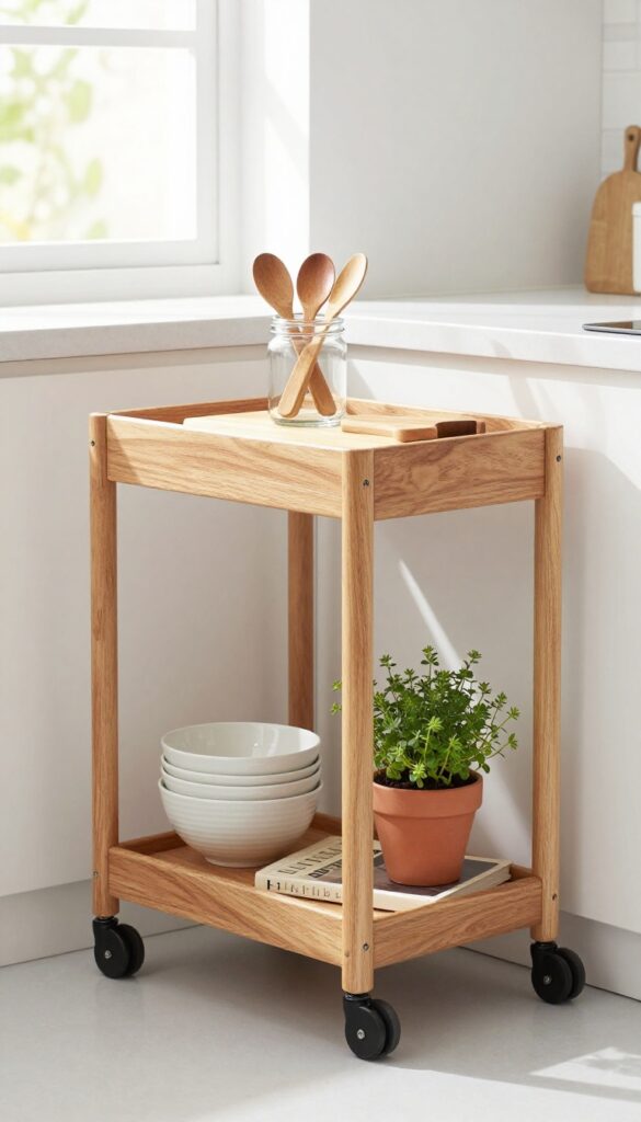 A narrow rolling cart hutch in warm wood next to a kitchen counter, with cutting board, utensils, bowls, and herb plant.
