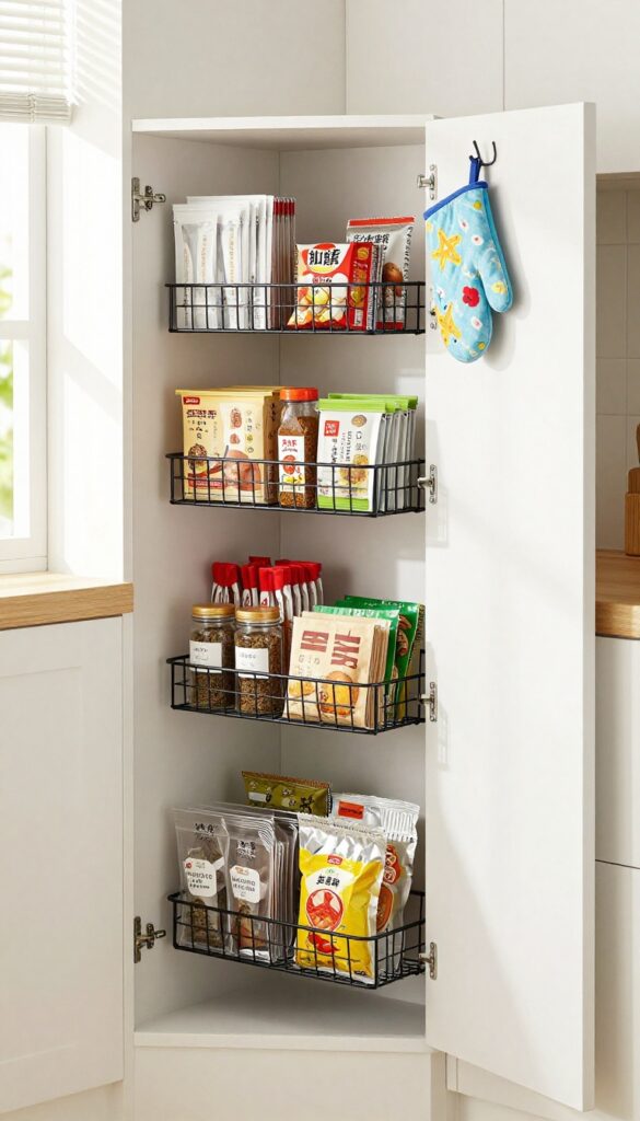 Over-the-door shelving organizer on a pantry door holding neatly arranged pantry items in baskets and clear bins.
