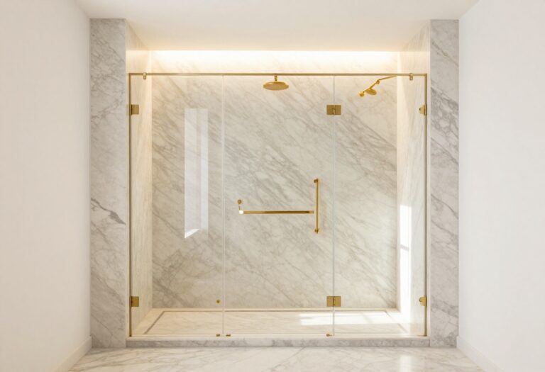 Elegant marble walk-in shower with Calacatta marble and gold fixtures in a bright, luxurious bathroom.