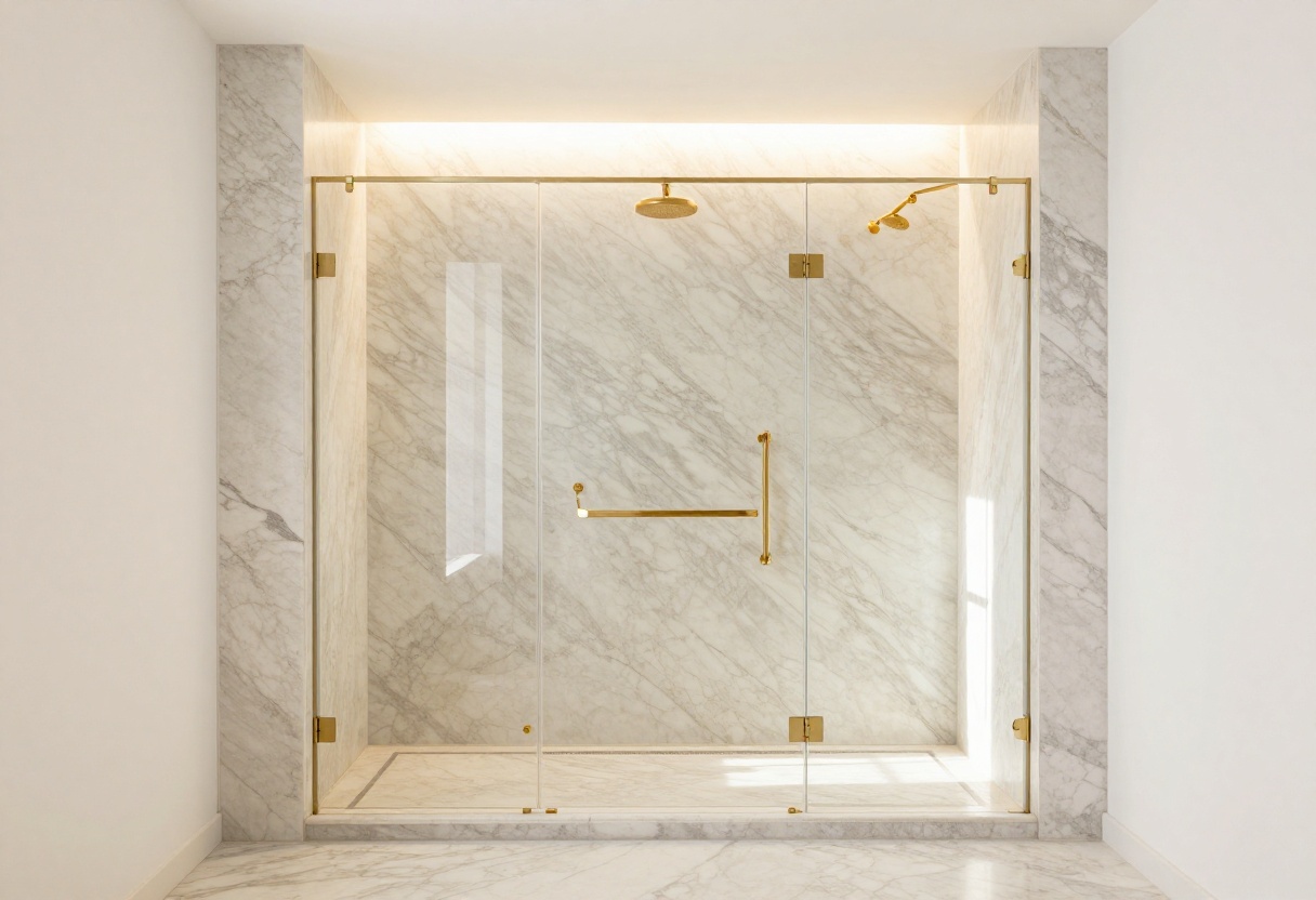 Elegant marble walk-in shower with Calacatta marble and gold fixtures in a bright, luxurious bathroom.