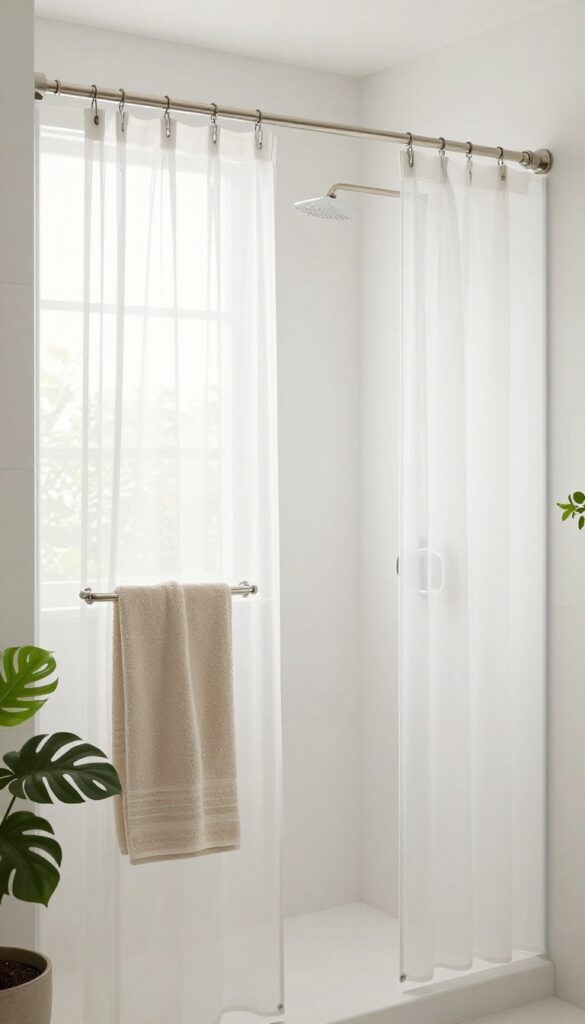 Transparent sheer shower panels in a bright bathroom, allowing natural light to filter through for an airy, spacious feel with neutral towels and plants.