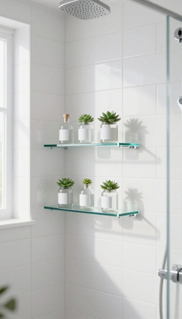 Floating glass shelves in a shower with white tile and rain showerhead