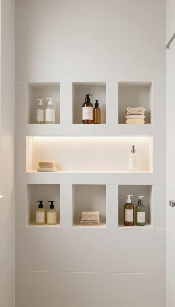 A clean and stylish walk-in shower with built-in niches for organized storage of toiletries, featuring seamless tiles and soft lighting.
