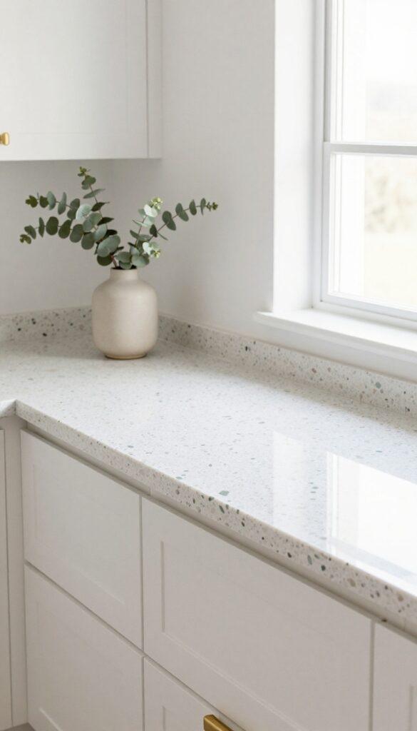Minimalist kitchen with terrazzo countertop featuring blush and sage green flecks, white cabinets, and brass hardware.