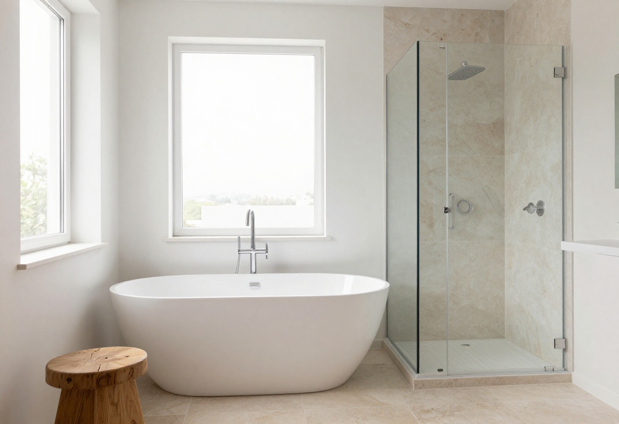 Bright bathroom with freestanding tub and glass shower enclosure