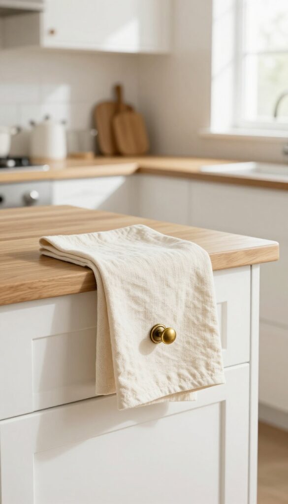 A cream linen towel hanging from a vintage brass drawer pull mounted on the side of a white kitchen island.