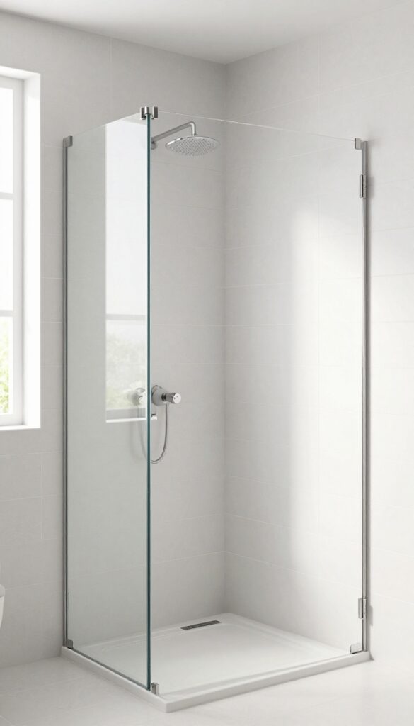 A modern bathroom shower with full-height tile running to the ceiling in bright natural light, featuring clean design and minimal fixtures for a polished look.