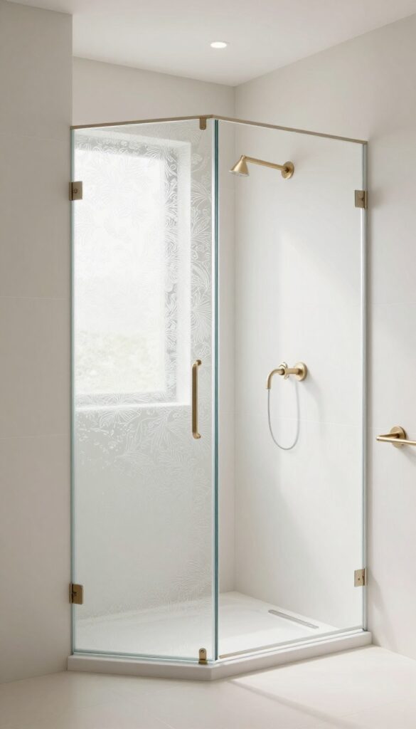 Patterned glass shower door in a small modern bathroom with subtle etched designs, neutral tiles, and brushed nickel hardware under bright natural light.