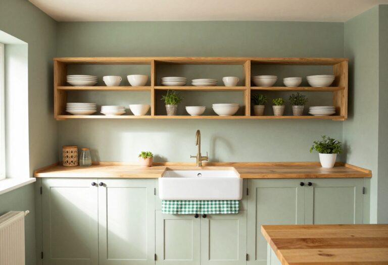 Cozy cottage core kitchen with open shelving, farmhouse sink, and warm wood countertops