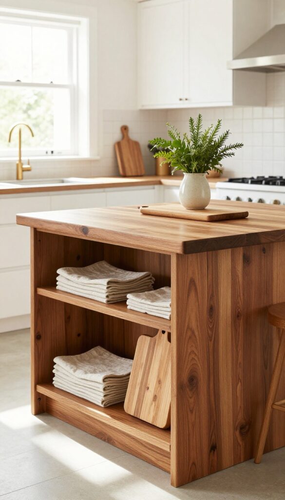 A stylish butcher block island in a bright kitchen with fresh herbs and linen storage