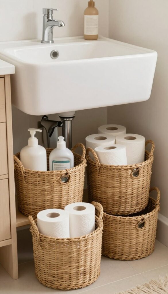 Under-sink area with woven baskets for hidden organization in a bathroom