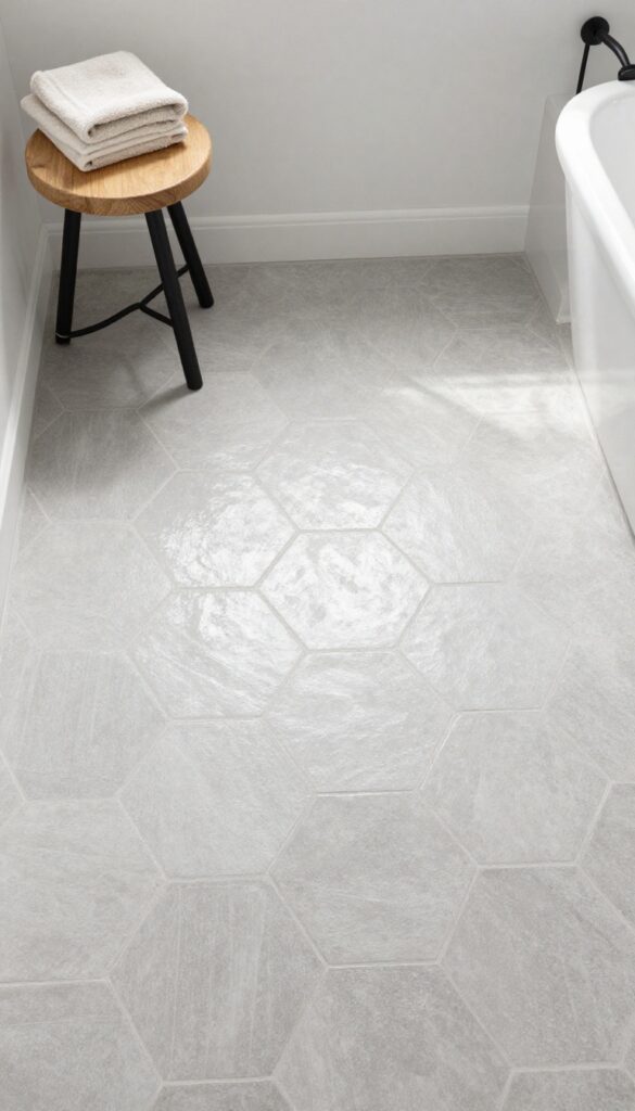 Close-up of gray hexagon tile floor in a farmhouse bathroom shower with matte black fixtures and natural wood accents, showcasing vintage geometric charm and bright natural light.