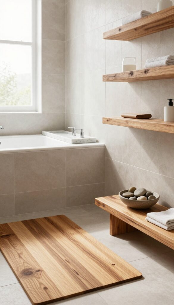 Bathroom with natural wood and stone elements, including a teak bath mat and marble tray, in bright natural light for a warm, clutter-free style.