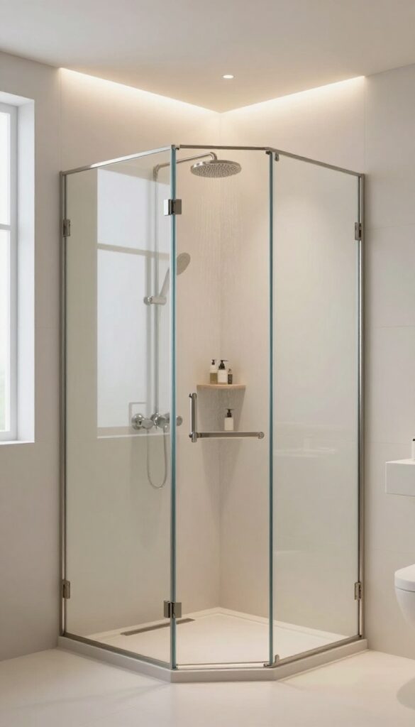 Corner glass shower with rainfall showerhead in a bright, minimalist bathroom, showcasing vertical space and clean design for a spacious feel.