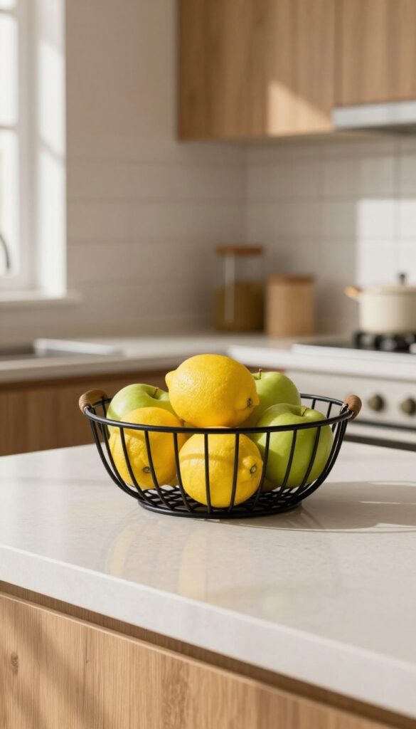 Small wire basket with lemons and apples on a kitchen counter corner