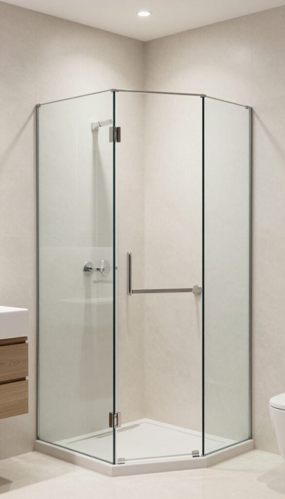 Walk-in corner curbless shower in a polished bathroom with natural light, simple finishes, and open layout.