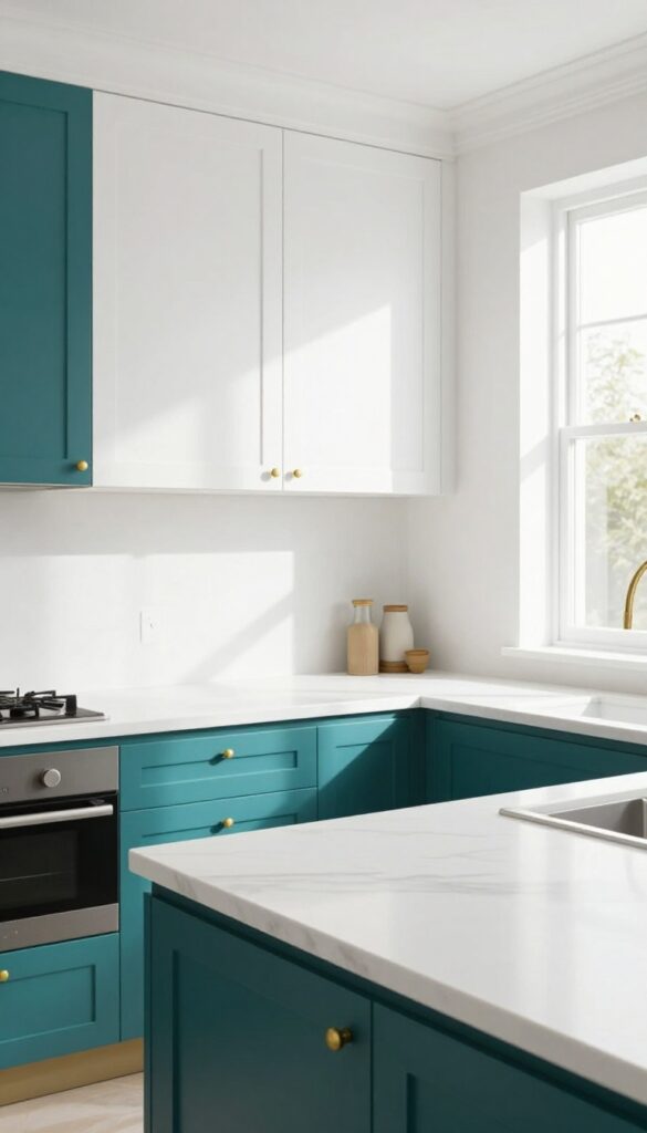 Indian kitchen with two-tone cabinets: white uppers and teal lowers, brass hardware, white quartz countertop, natural light