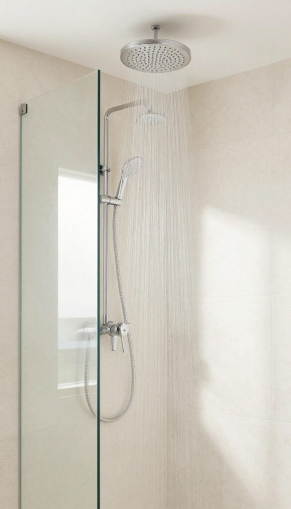 Luxurious walk-in shower with dual rain head and body sprays in a bright spa-like bathroom
