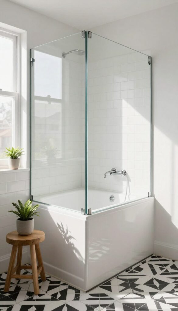 Bathroom with neutral tub-shower combo and bold black-and-white geometric floor tiles