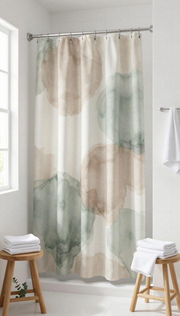 Bright bathroom with muted abstract print shower curtain in earthy tones, wooden stool and eucalyptus stems.