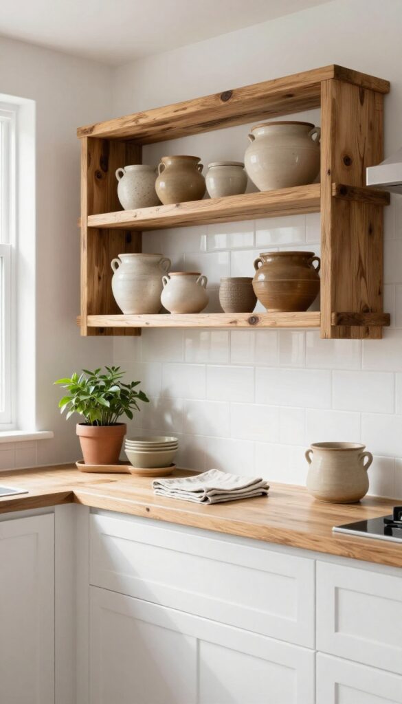 Rustic reclaimed wood open shelves in a bright kitchen with white subway tile, earthy pottery, and a small plant.