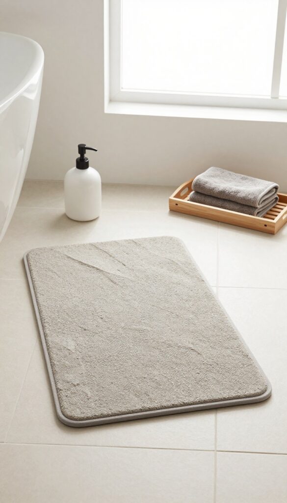 A stone-look shower mat in a minimalist bathroom setting, showcasing its textured surface and neutral colors for a luxe, practical home decor inspiration.
