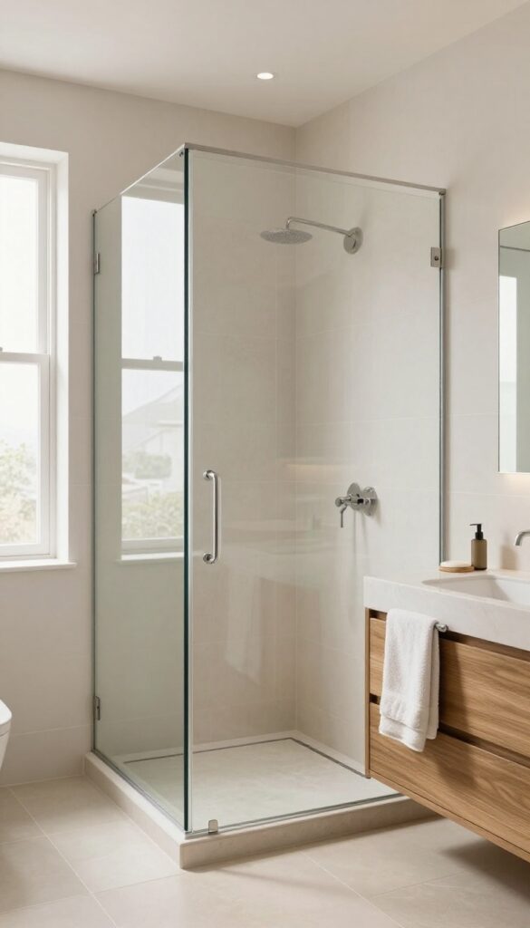 A stylish master shower with warm neutral colors including soft whites, beige, and greige tones, showcasing natural light and clean design for a fresh look.