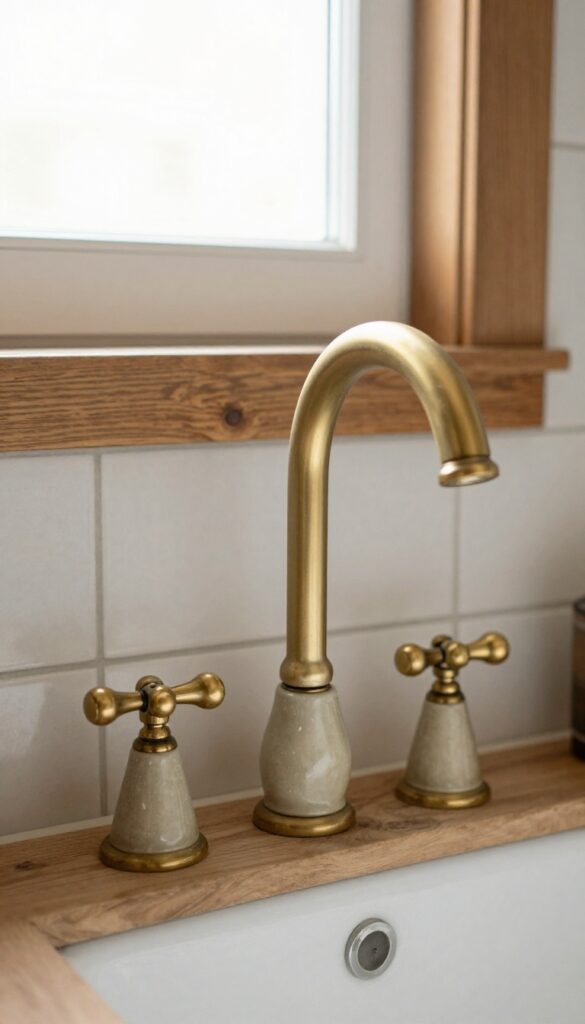 Close-up of a vintage-inspired faucet set with cross handles and porcelain finish in a farmhouse bathroom shower