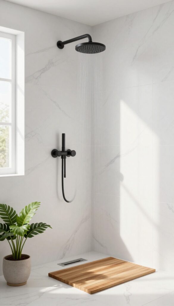 Modern bathroom with black fixtures and marble-look tile, teak mat, and plant.
