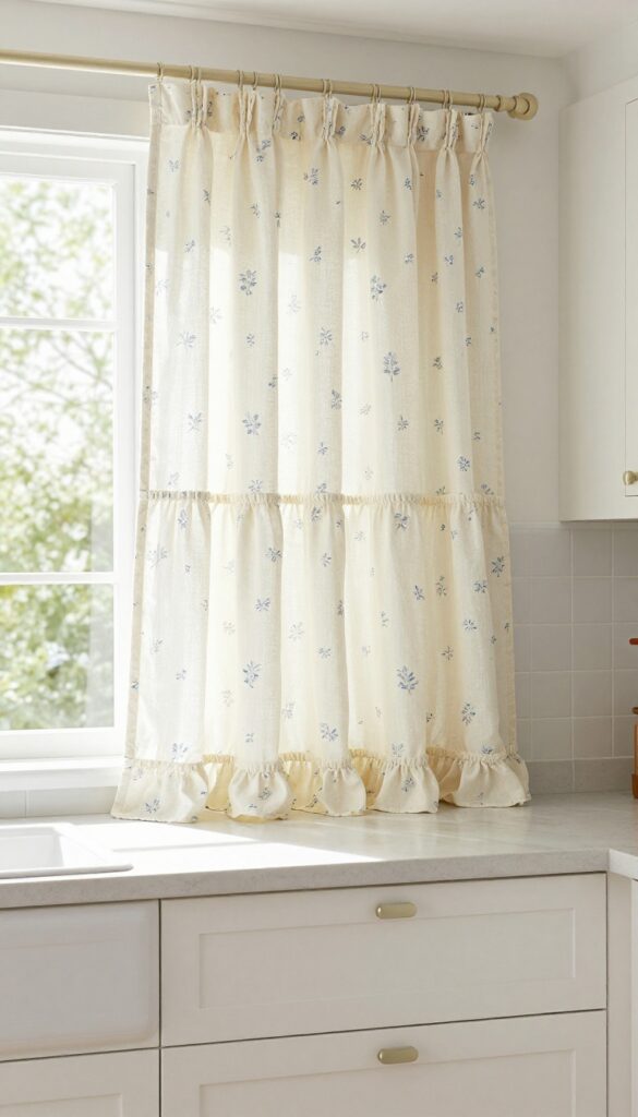 Tiered ruffle curtain above kitchen sink in farmhouse style