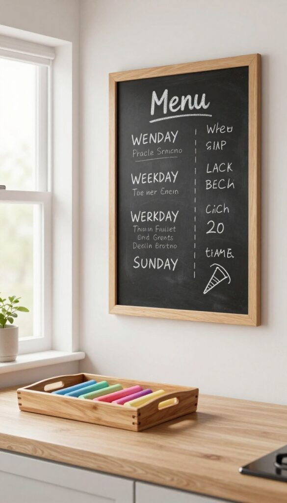 Framed chalkboard on kitchen wall with menu and chalk tray