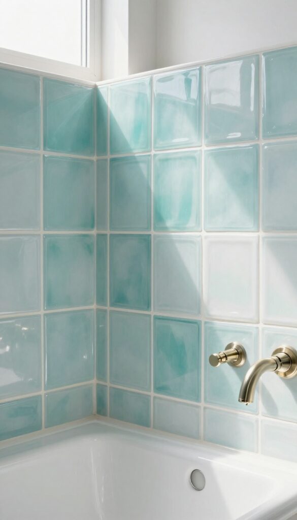 Close-up of glossy aqua glass tiles in a coastal shower reflecting natural light to brighten the space.