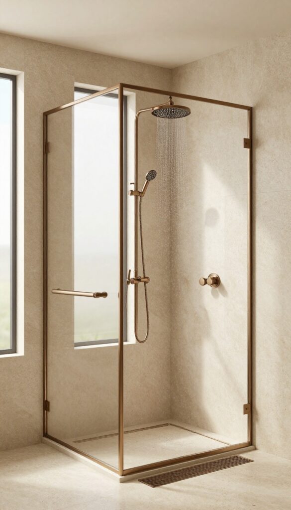 Rainfall showerhead in oil-rubbed bronze in a safari-style bathroom with earthy tiles and natural light.