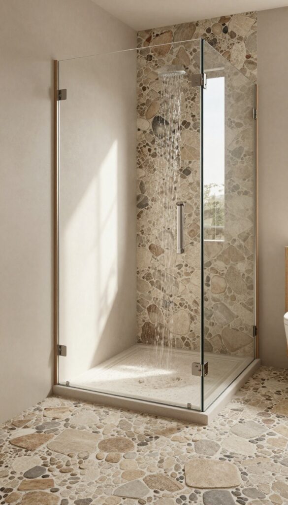 Pebble tile shower floor with natural wood accents and soft neutral walls in a bright, spa-like bathroom.