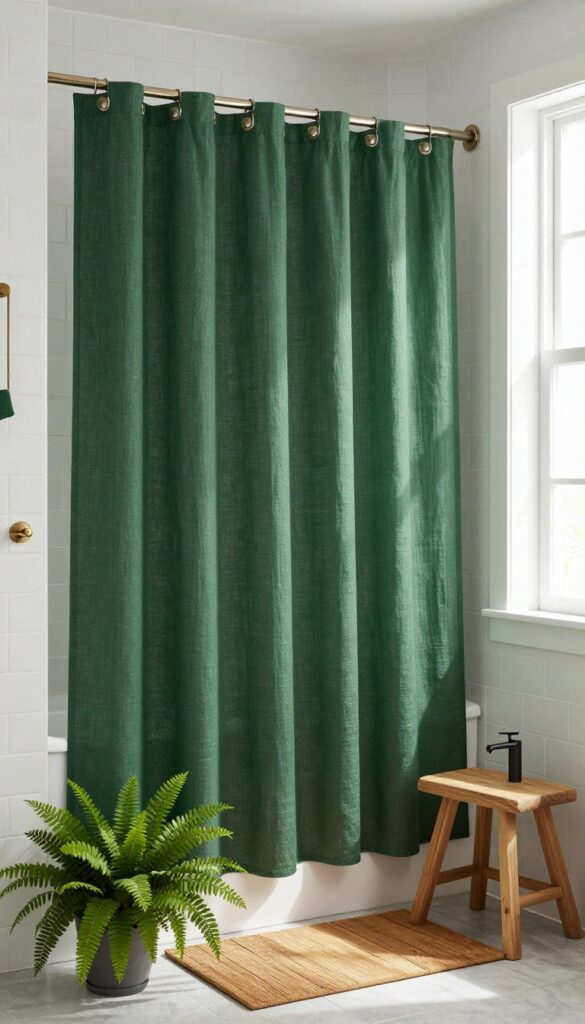 Solid dark green linen shower curtain in a bright bathroom with white tiles, wood accents, and a potted fern for a spa-like vibe.