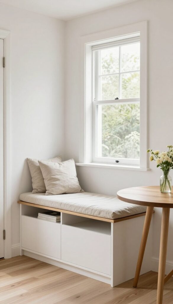 Compact breakfast nook with banquette seating in a bright Indian kitchen