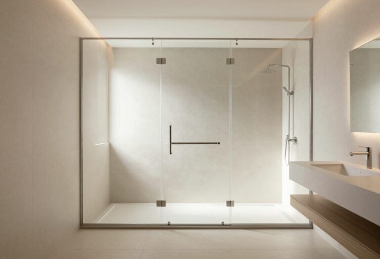 Modern bathroom with frameless glass walk-in shower in natural light