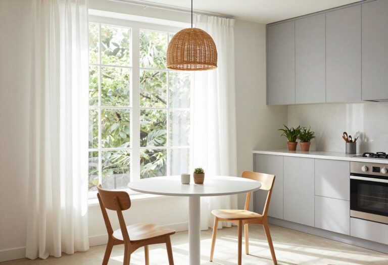 Light and airy eat-in kitchen with a round white table and chairs near a sunlit window