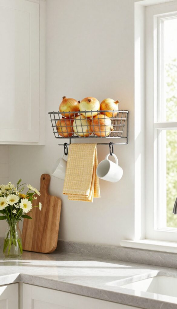 Under-shelf wire basket with onions and cup hooks with mugs in a bright country kitchen