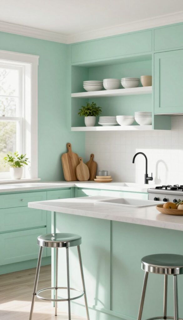 Mint green kitchen wall with white trim, chrome stools, black faucet, and warm wood accents