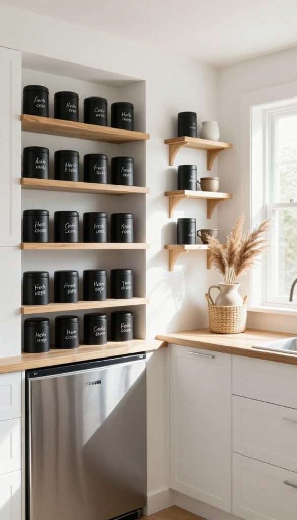 Magnetic spice tins on a refrigerator in a small boho kitchen with woven baskets and ceramic cookware.
