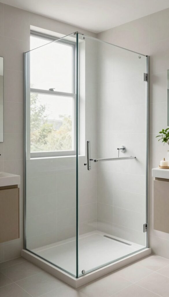 A modern half-wall walk-in shower in a bright bathroom, featuring tiled walls, clear glass top, and functional ledge, designed for privacy without bulk.