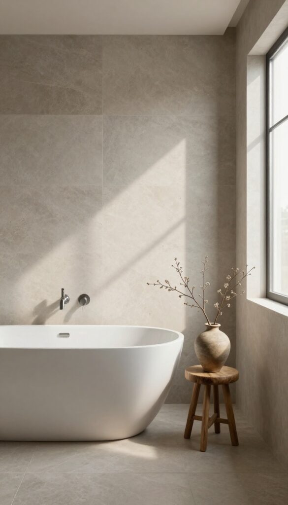Japandi-inspired tub-shower combo with natural stone walls, wooden stool, and earthenware decor in soft lighting.