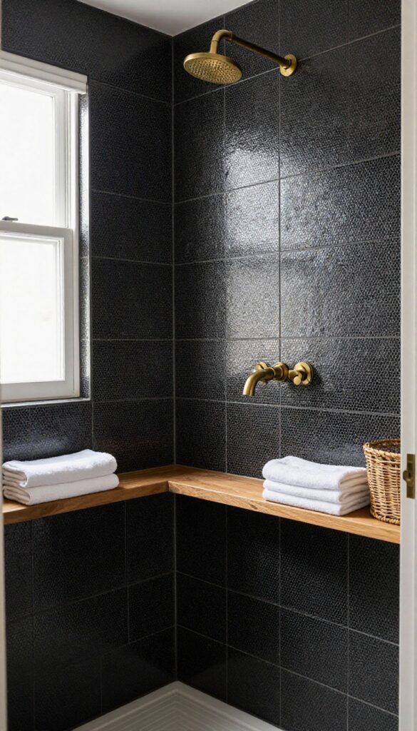 Close-up of black penny tiles in a shower with brass fixtures and natural elements, creating a vintage yet modern bathroom aesthetic.